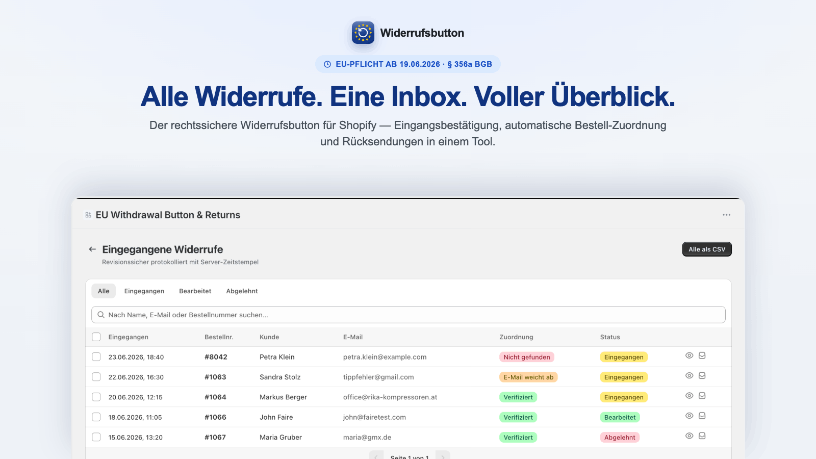 Dashboard with incoming withdrawals and returns in the Shopify app
