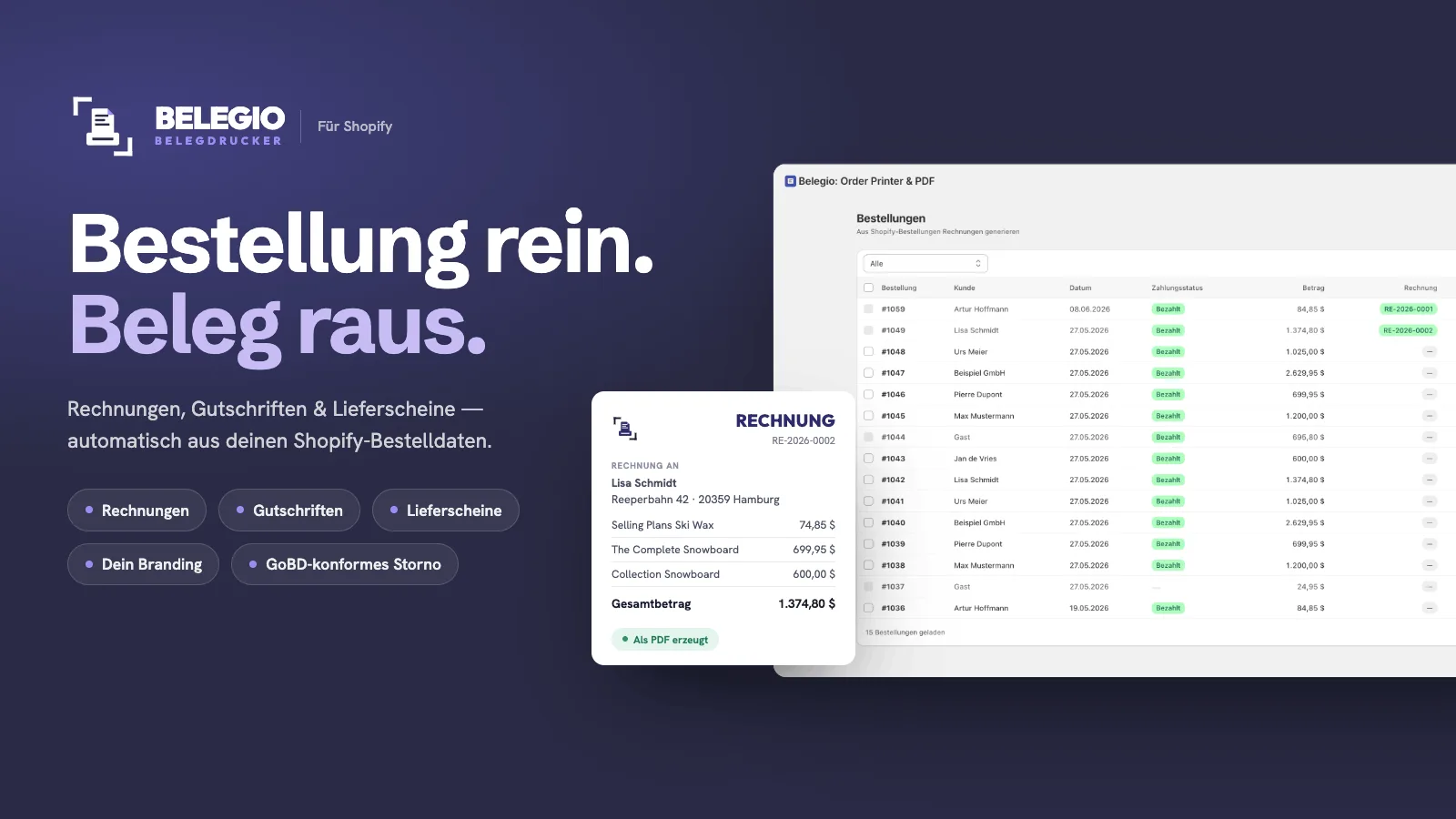 Belegio — Bestellung rein, Beleg raus
