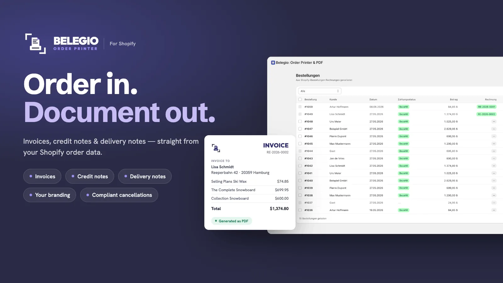 Belegio — order in, invoice out